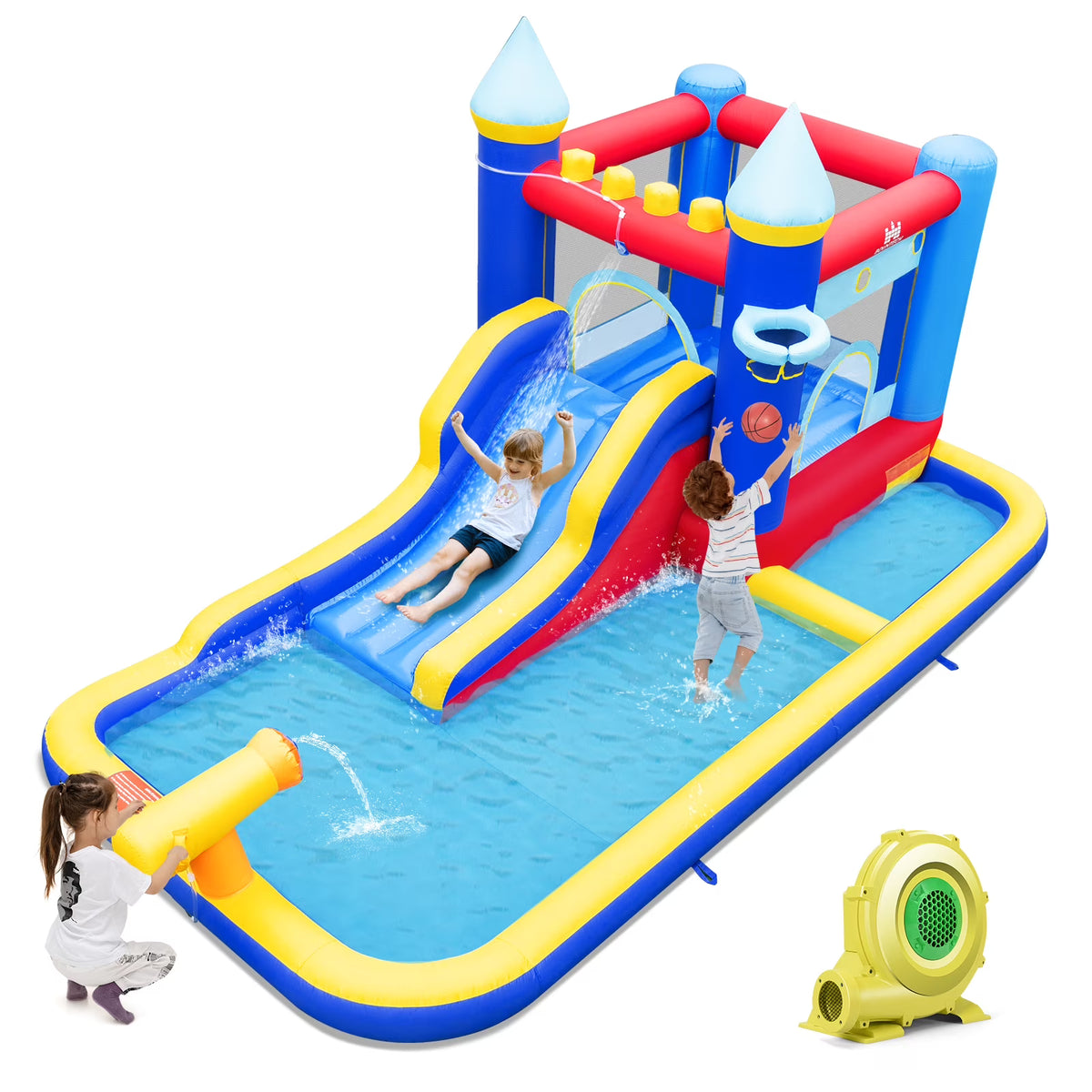 6-in-1 Inflatable Water Castle Bouncer with 50 Ocean Balls & 735W Blower Q2116