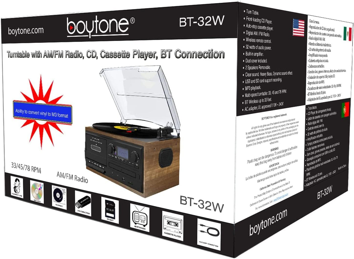 Bluetooth Record Player Turntable with AM/FM Radio, Cassette, CD Player, 2 Built in Speaker, SD Slot, USB, AUX F835739