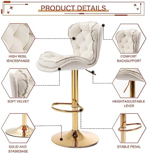 Swivel Barstools Set of 4 Velvet Upholstered Adjustable Stool Chair S7759