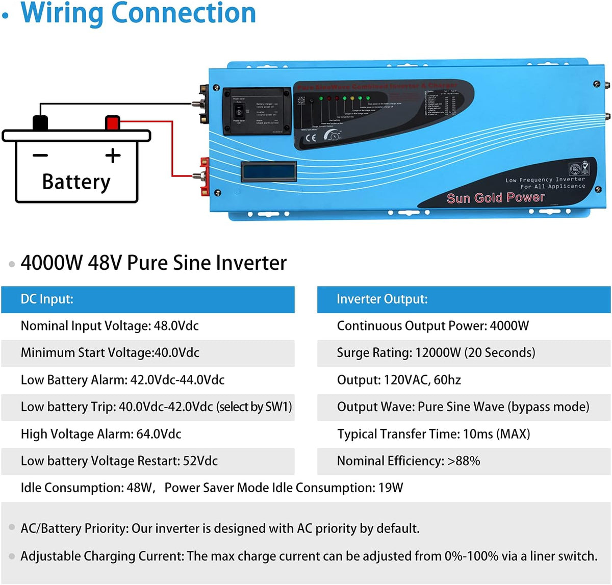 4000W Peak 12000W DC 48V to AC 120V Pure Sine Wave Power Inverter with Battery Charger Low Frequency Solar Inverter Charger LCD I782075