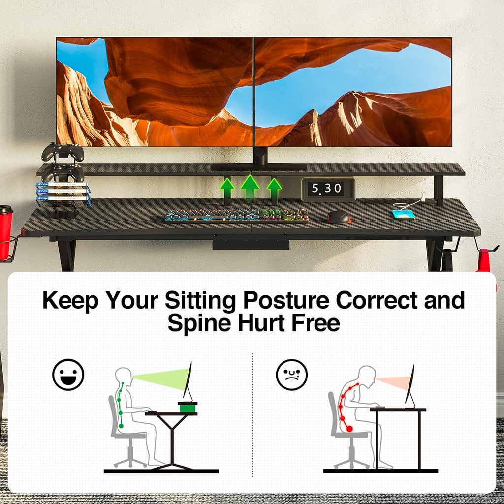 Gaming Desk with LED Strip & Power Outlets, Carbon Fiber Surface Computer Desk with Full Desk Mouse Pad E973605