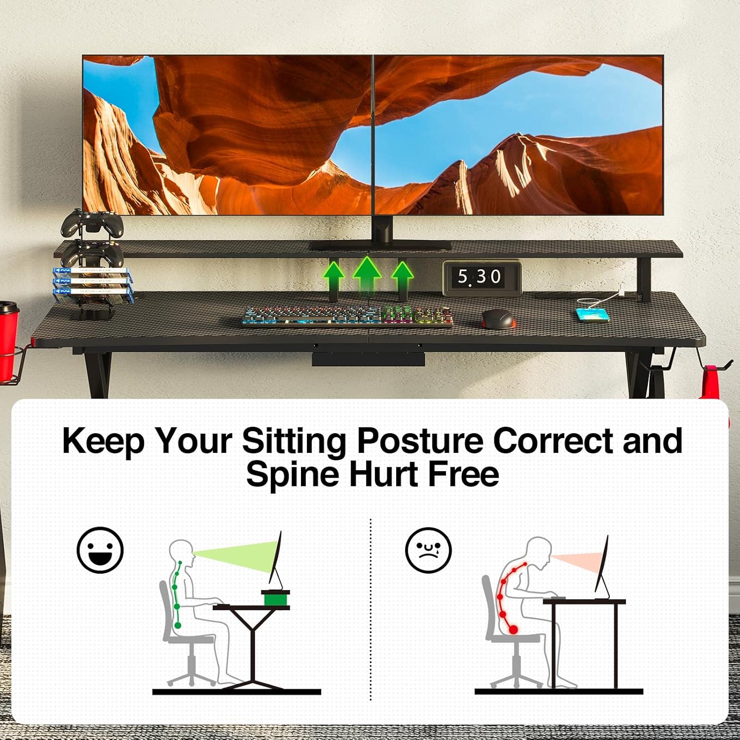 Gaming Desk with LED Strip & Power Outlets, Carbon Fiber Surface Computer Desk with Full Desk Mouse Pad E973605