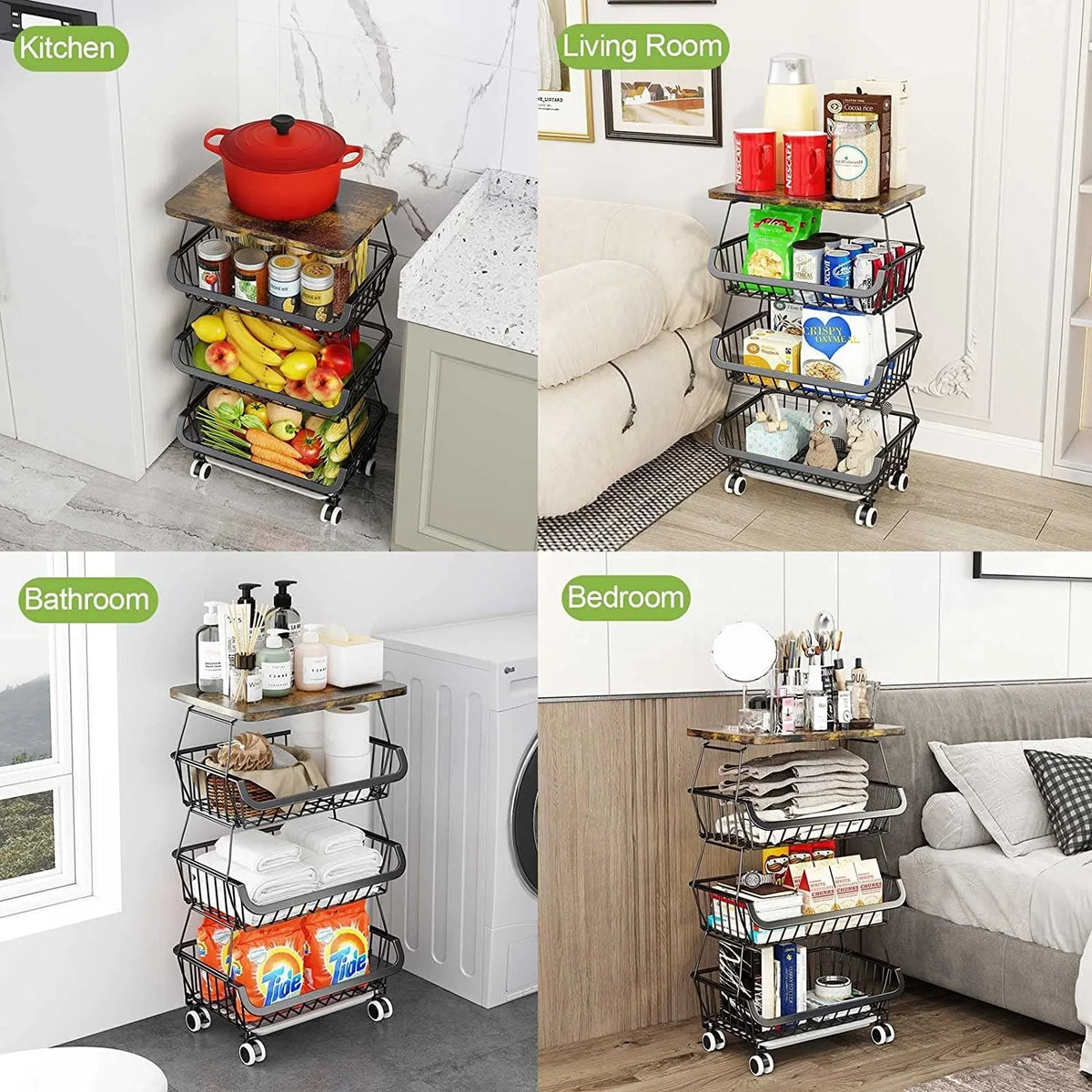 4 Tier Fruit Vegetable Cart with Solid Wood and Rollers Z88491