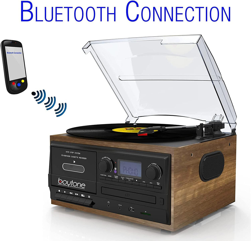 Bluetooth Record Player Turntable with AM/FM Radio, Cassette, CD Player, 2 Built in Speaker, SD Slot, USB, AUX F835739