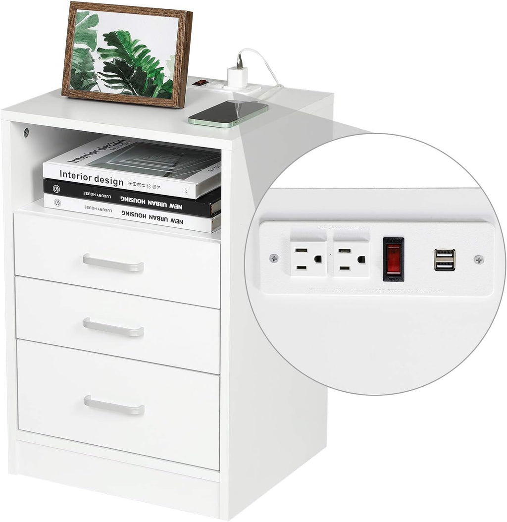 White Nightstand 3 Drawers with Open Storage Wooden Side Table with Sliding Drawer D64062