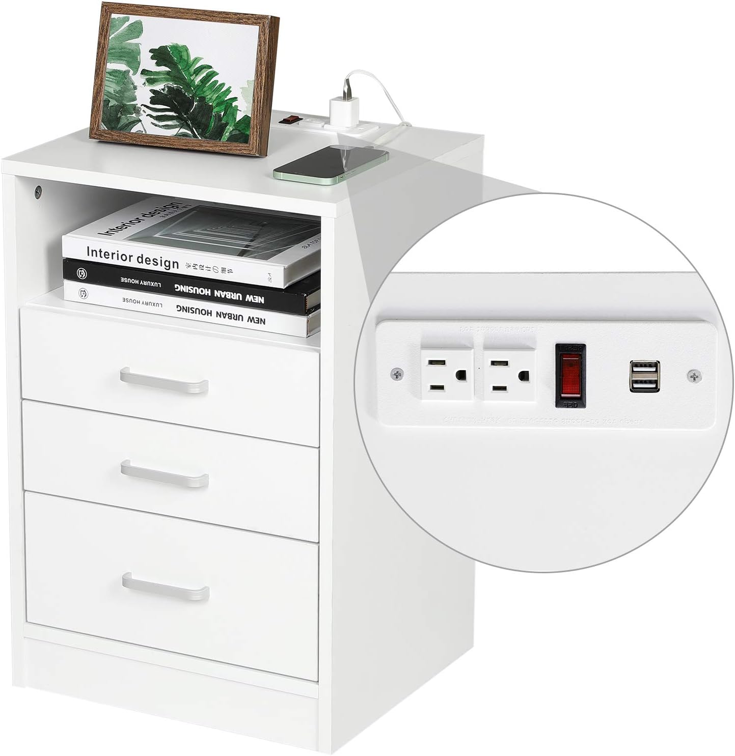 White Nightstand 3 Drawers with Open Storage Wooden Side Table with Sliding Drawer D64062