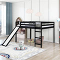 Full Size Low Loft Bed with Slide, Pinewood Bed Frame with Guardrails and Vertical Ladder O5746