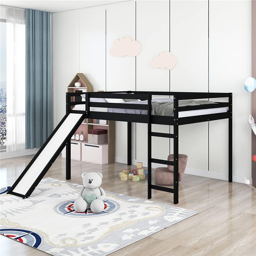 Full Size Low Loft Bed with Slide, Pinewood Bed Frame with Guardrails and Vertical Ladder O5746