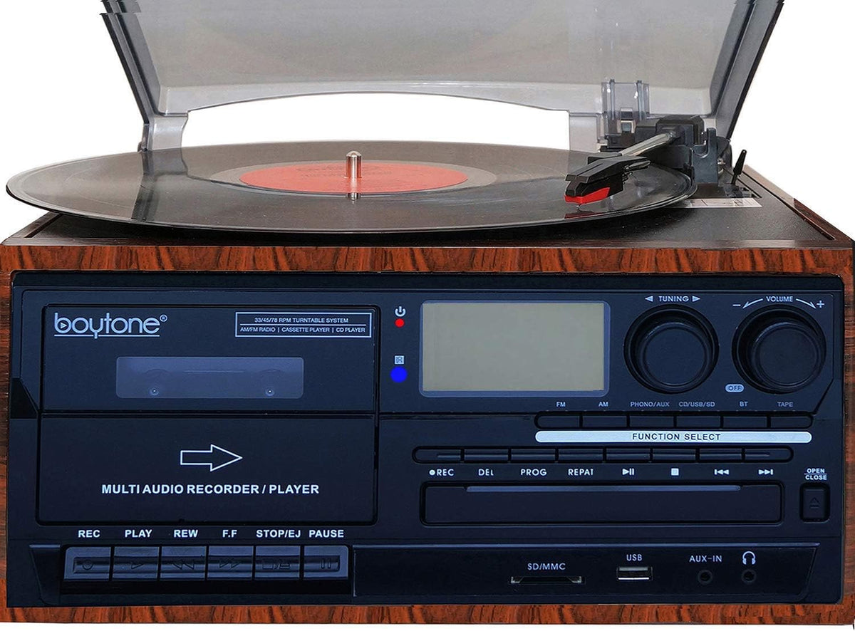 Bluetooth Record Player Turntable with AM/FM Radio, CD / Cassette Player, 2 Stereo Speakers B549248