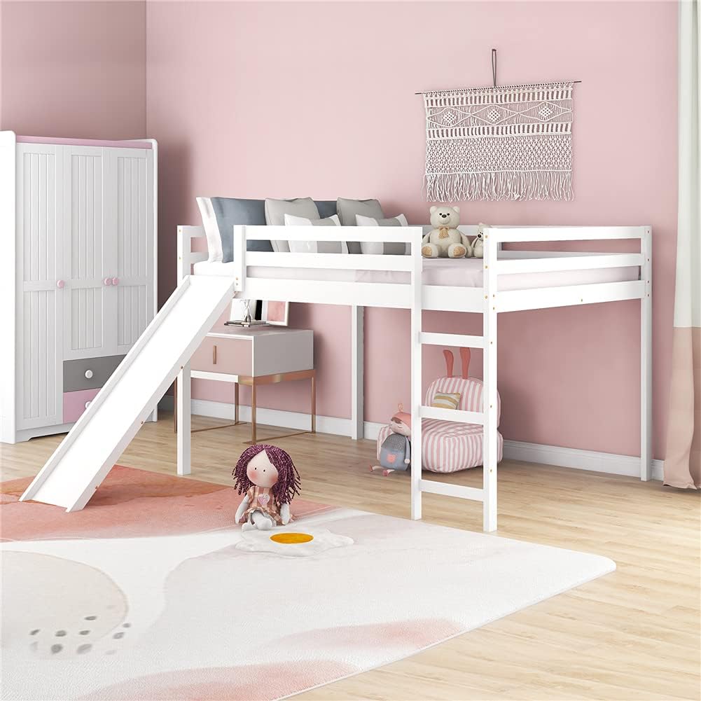Full Size Low Loft Bed with Slide, Pinewood Bed Frame with Guardrails and Vertical Ladder O5746