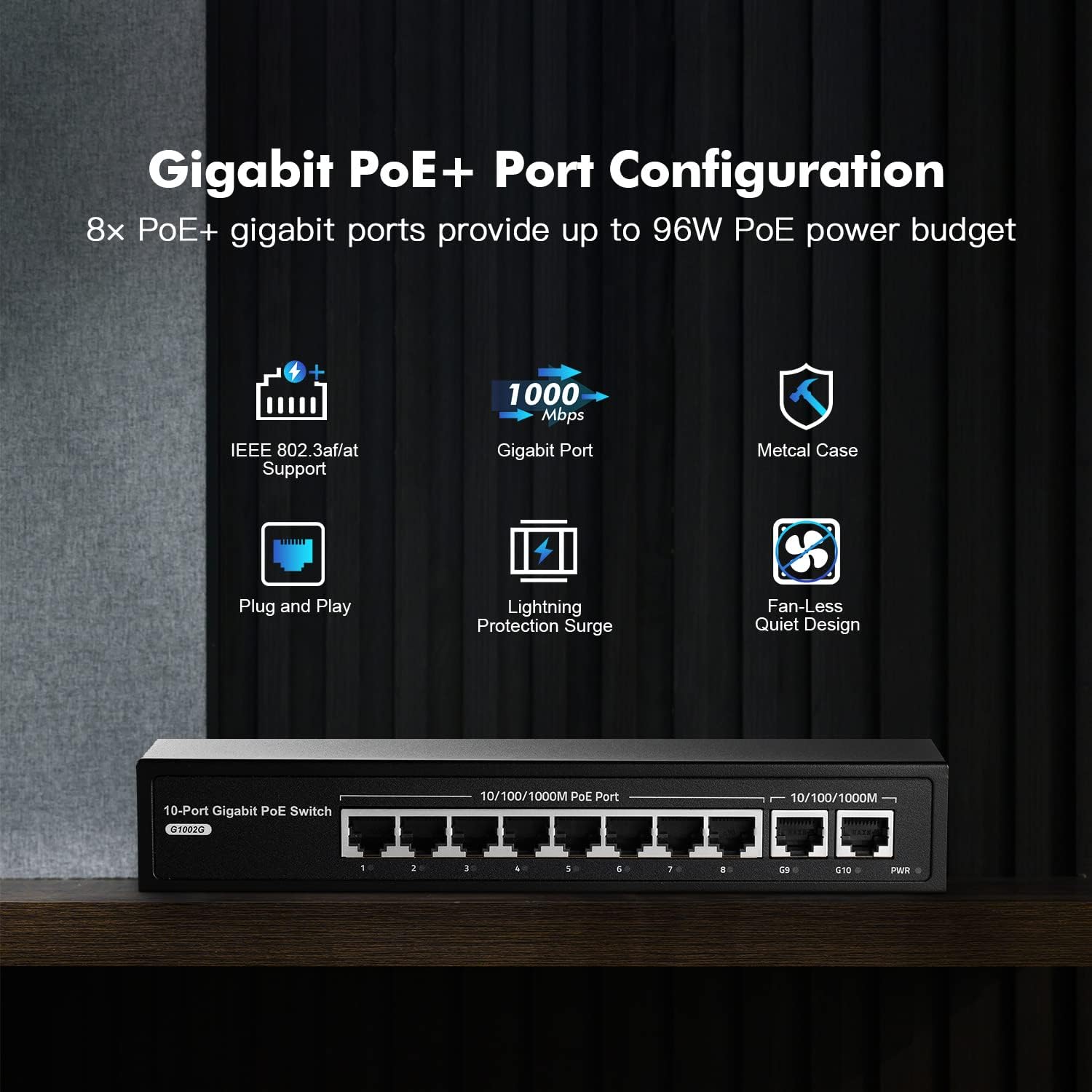 10 Port Gigabit PoE Switch, 8 Port PoE+, 2 Uplink, 96W, Unmanaged, Pack of 2 H710