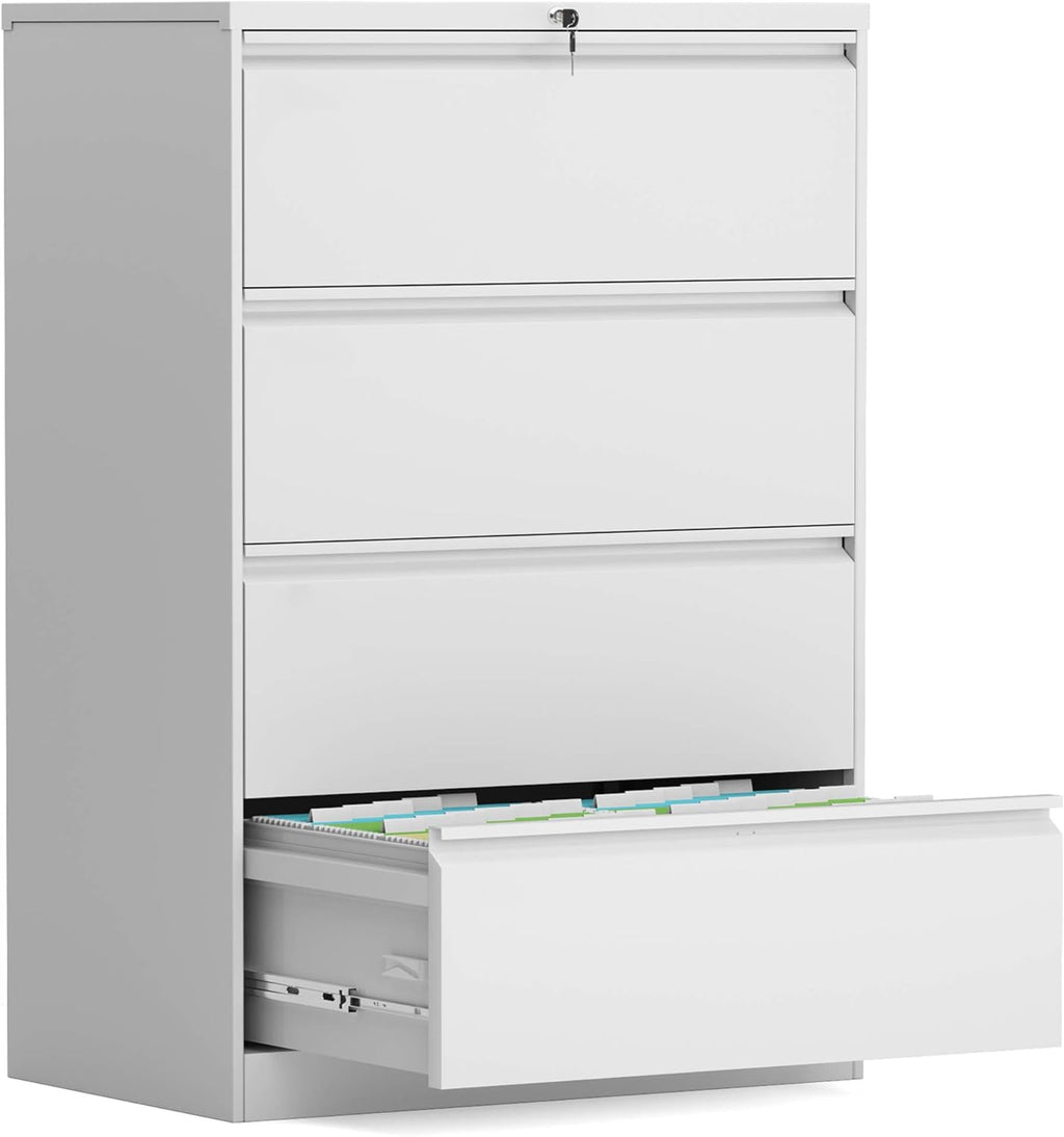 White Metal 4 Drawer Lateral File Cabinet with Lock R2433