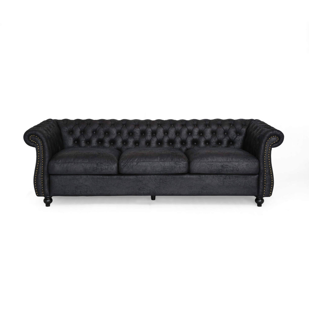 Black Chesterfield Tufted Microfiber Sofa with Scroll Arms P1753