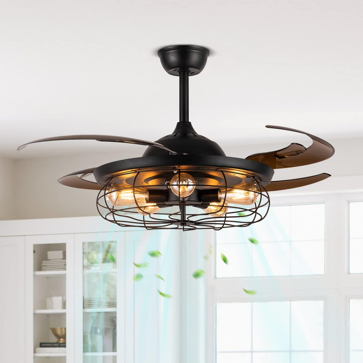 Black Vintage Cage Ceiling Fan with Lights L465375
