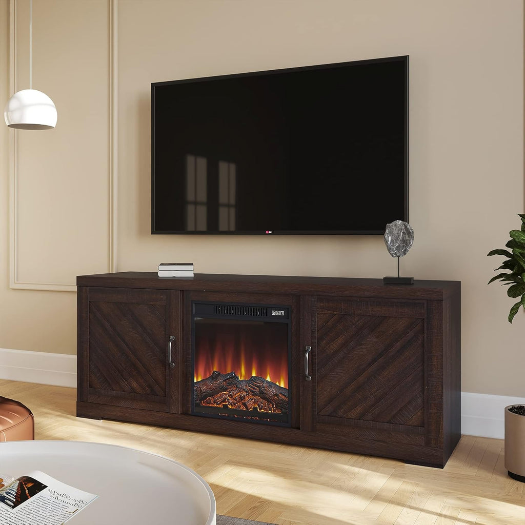 Farmhouse TV Stand with Two Shelves and Storage Cabinets A557