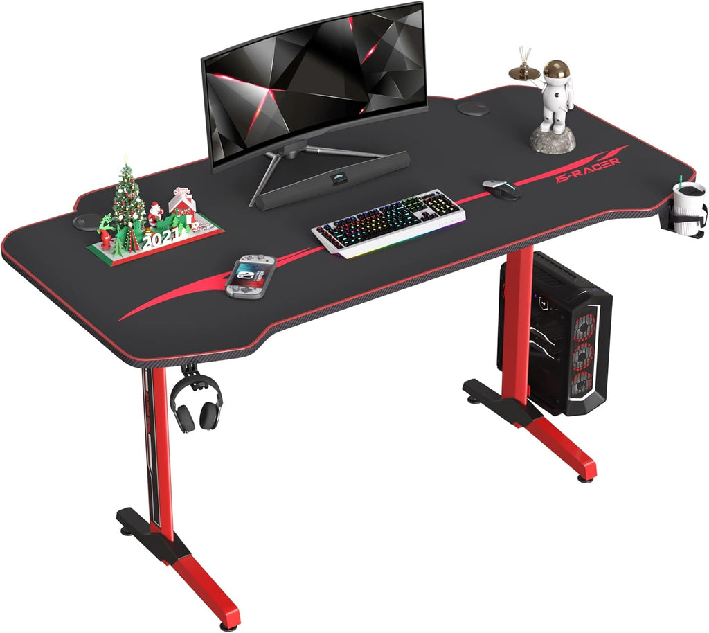 Red Gaming Desk with Carbon Fiber Surface Cup Holder & Headphone Hook X167