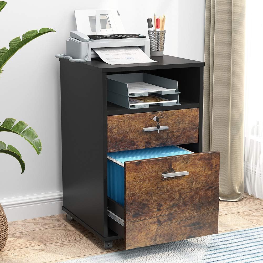 2 Drawer Mobile File Cabinet with Lock, Rolling Wheels and Open Storage Shelf D4619