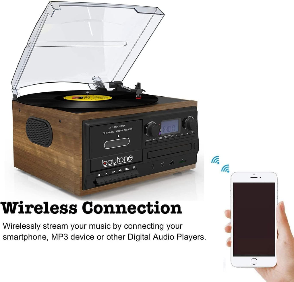 Bluetooth Record Player Turntable with AM/FM Radio, Cassette, CD Player, 2 Built in Speaker, SD Slot, USB, AUX F835739
