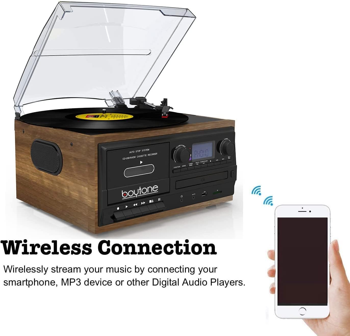 Bluetooth Record Player Turntable with AM/FM Radio, Cassette, CD Player, 2 Built in Speaker, SD Slot, USB, AUX F835739