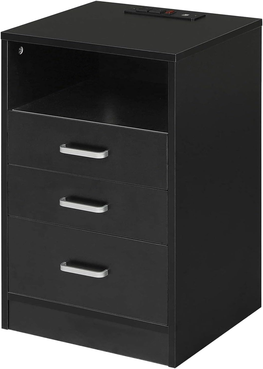 White Nightstand 3 Drawers with Open Storage Wooden Side Table with Sliding Drawer D64062