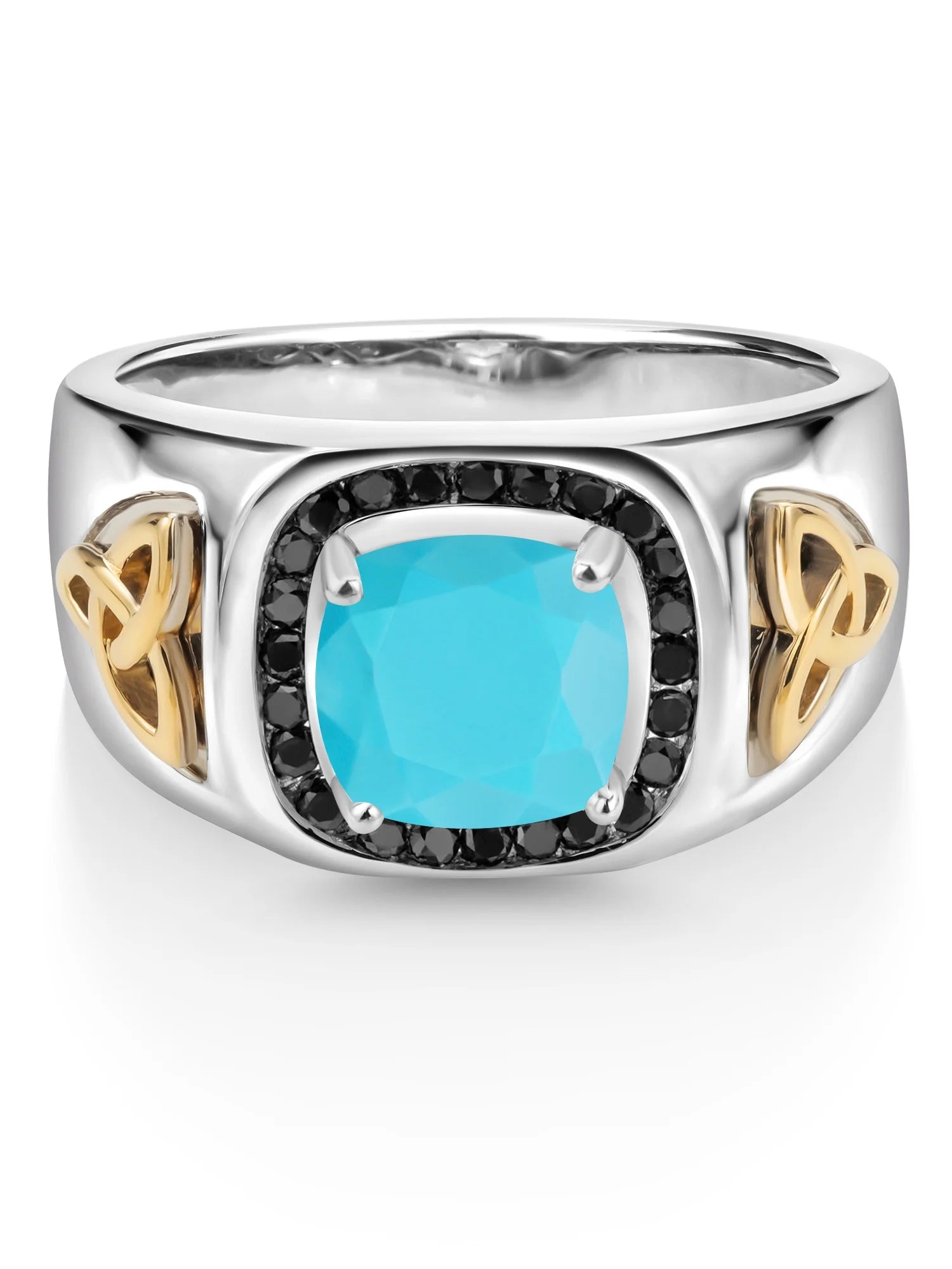 925 Sterling Silver 10K Yellow Gold Green Turquoise Black Diamond Ring G939165