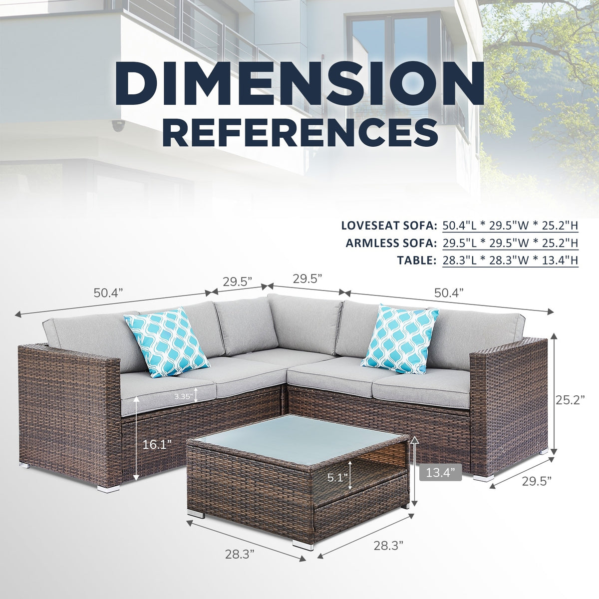 Grey Rattan Patio Sectional Sofa Set of 4 B530