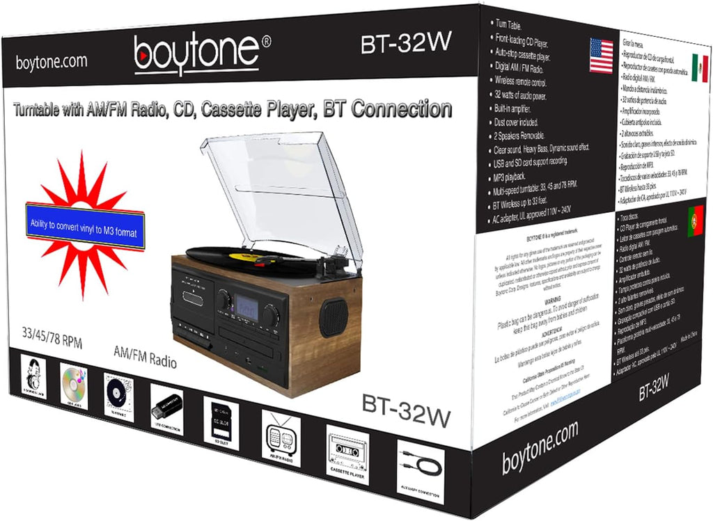 Bluetooth Record Player Turntable with AM/FM Radio, Cassette, CD Player, 2 Built in Speaker, SD Slot, USB, AUX F835739