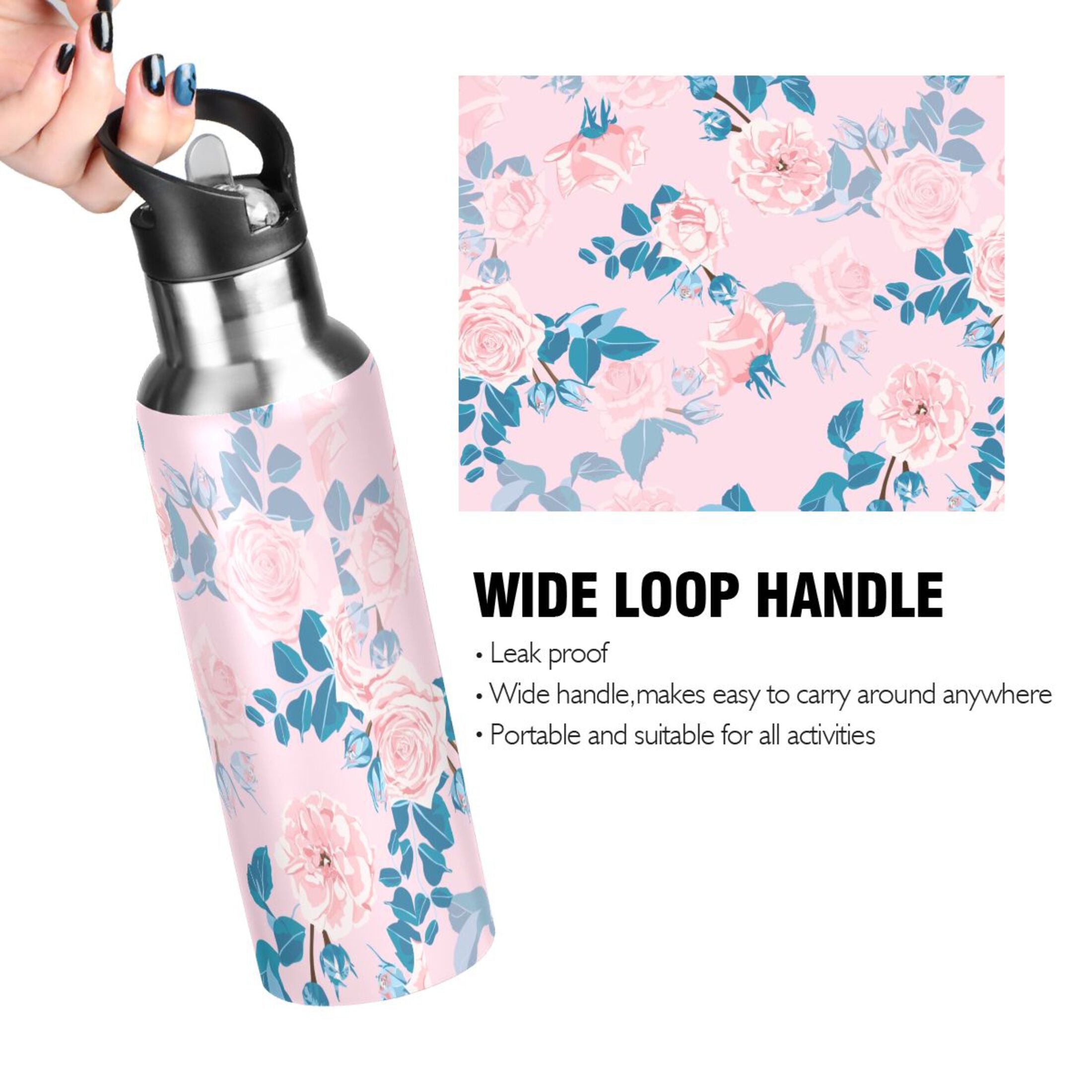 Pink Roses Flower Blue Stainless Steel Insulated Water Bottle with Straw Lid W9318