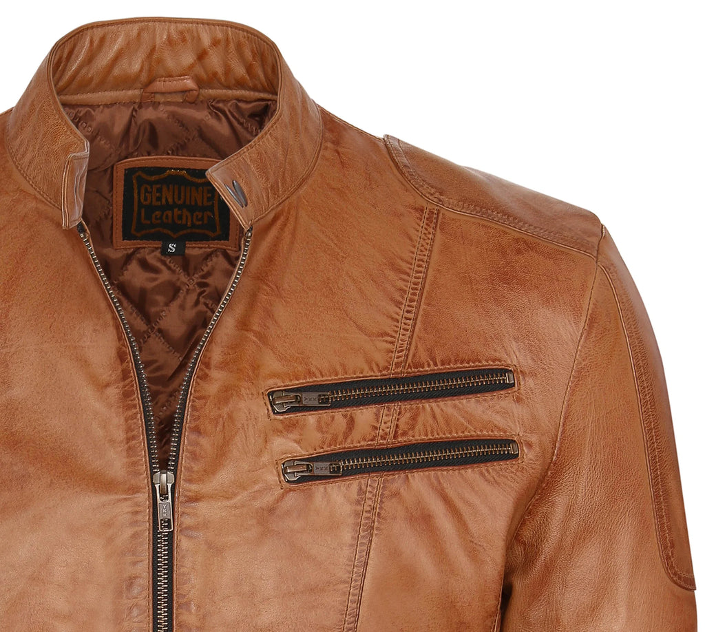 Camel Lambskin Leather Biker Jacket Size L D59529