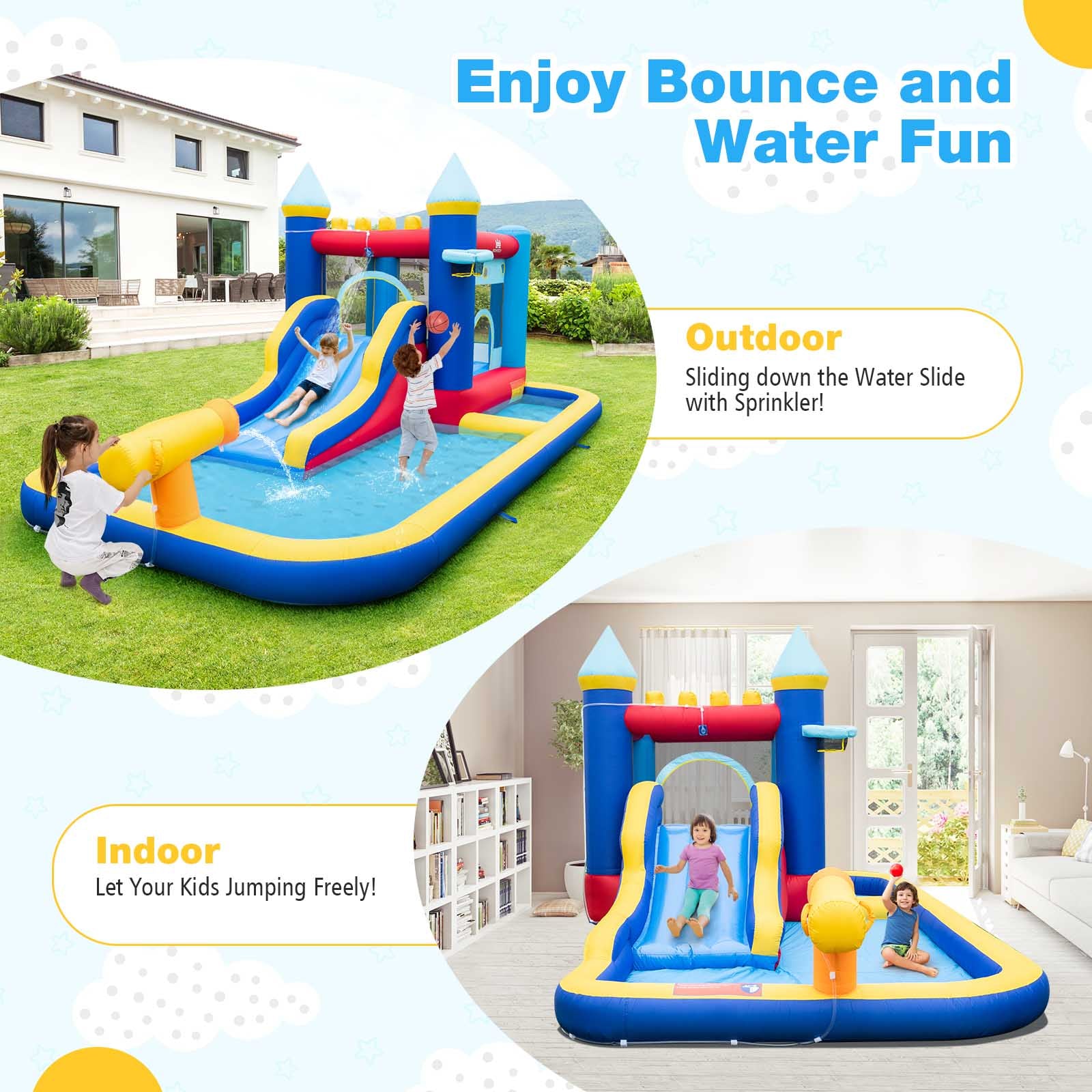 6-in-1 Inflatable Water Castle Bouncer with 50 Ocean Balls & 735W Blower Q2116