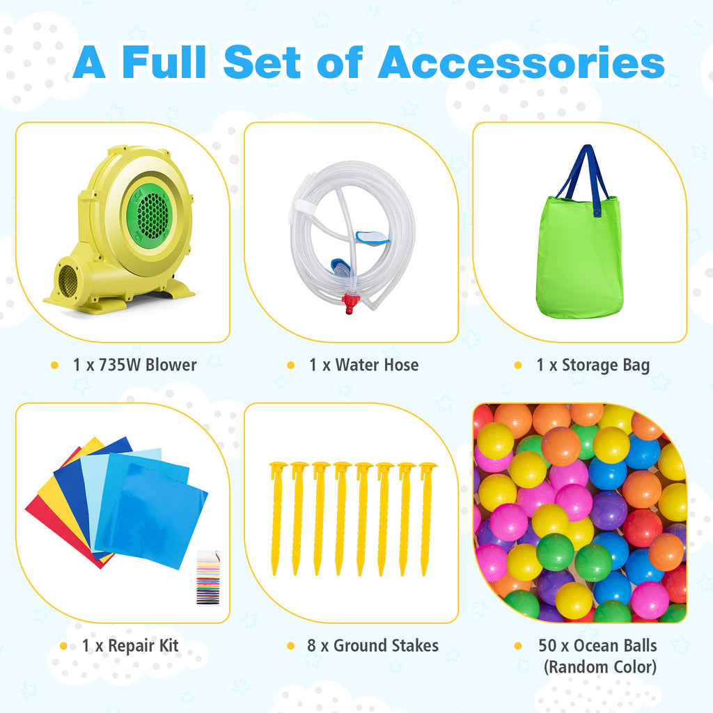 6-in-1 Inflatable Water Castle Bouncer with 50 Ocean Balls & 735W Blower Q2116