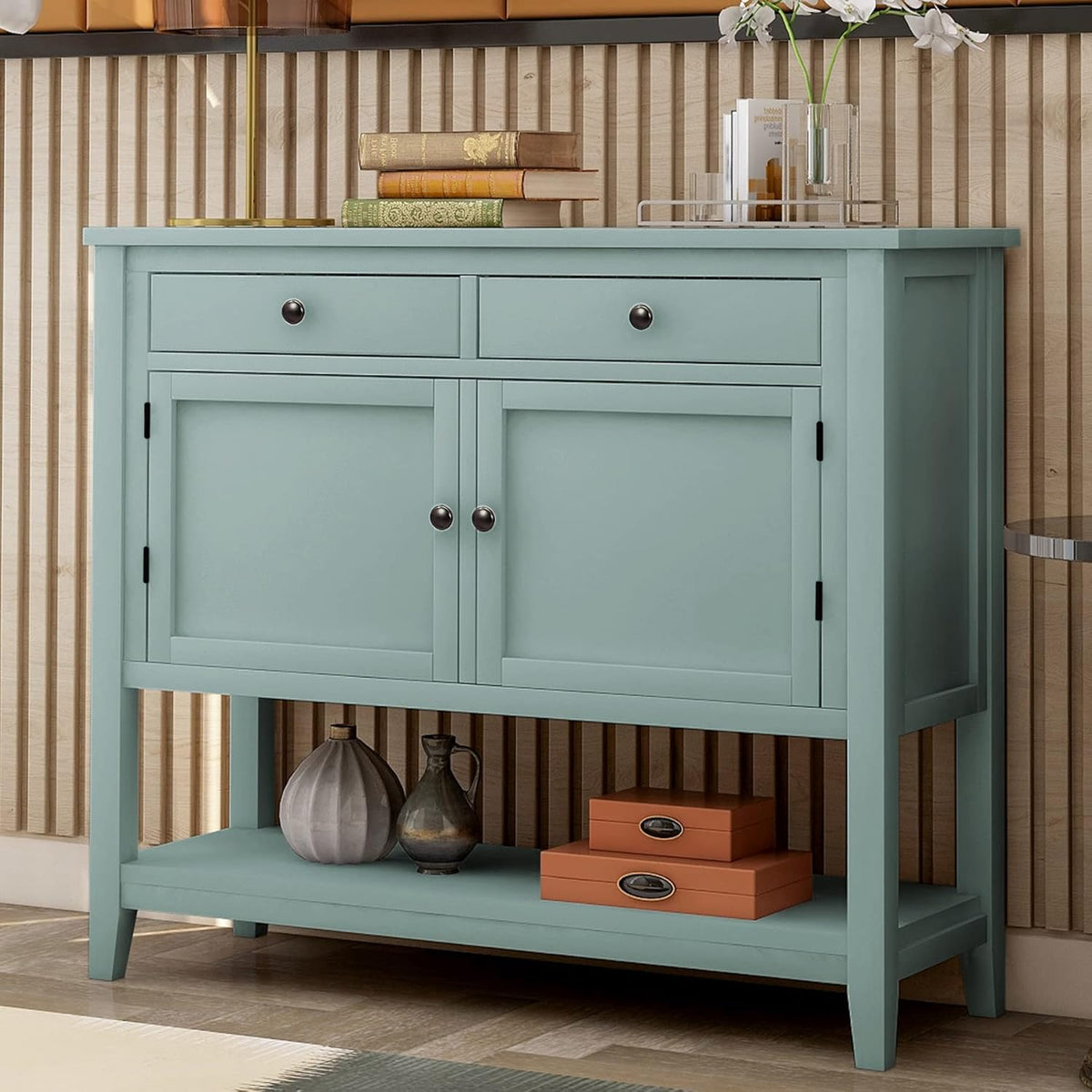 Espresso Wood Buffet Sideboard Table with Drawers & Open Shelf W64363