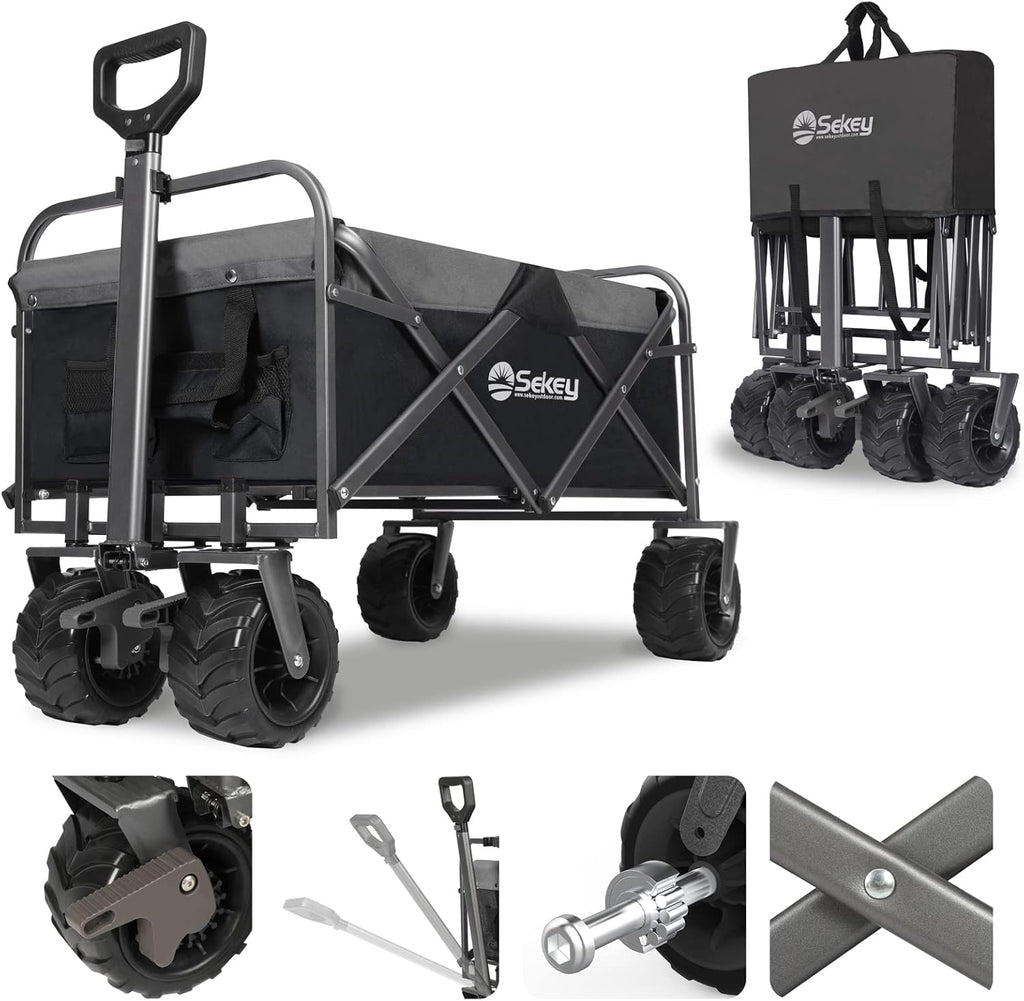 Red Collapsible Folding Wagon Cart with Brake, All Terrain Wheels Q642