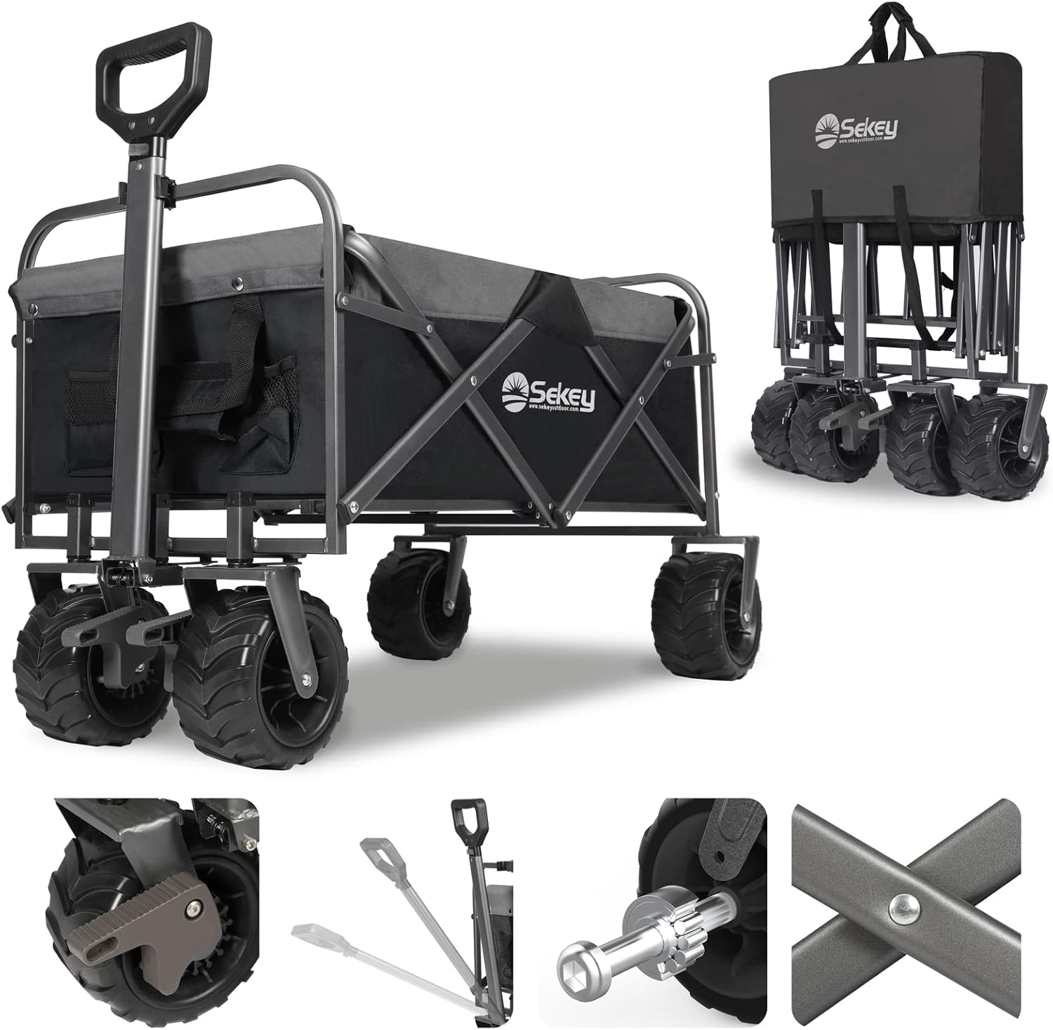 Red Collapsible Folding Wagon Cart with Brake, All Terrain Wheels Q642