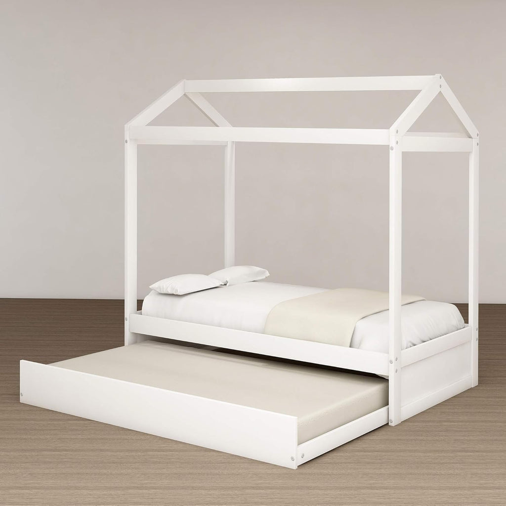 White Wood Twin Size House Bed Frame with Trundle E109