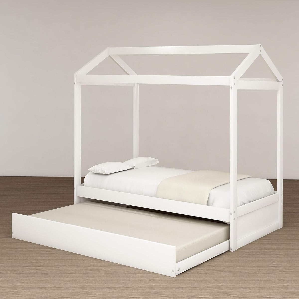 White Wood Twin Size House Bed Frame with Trundle E109