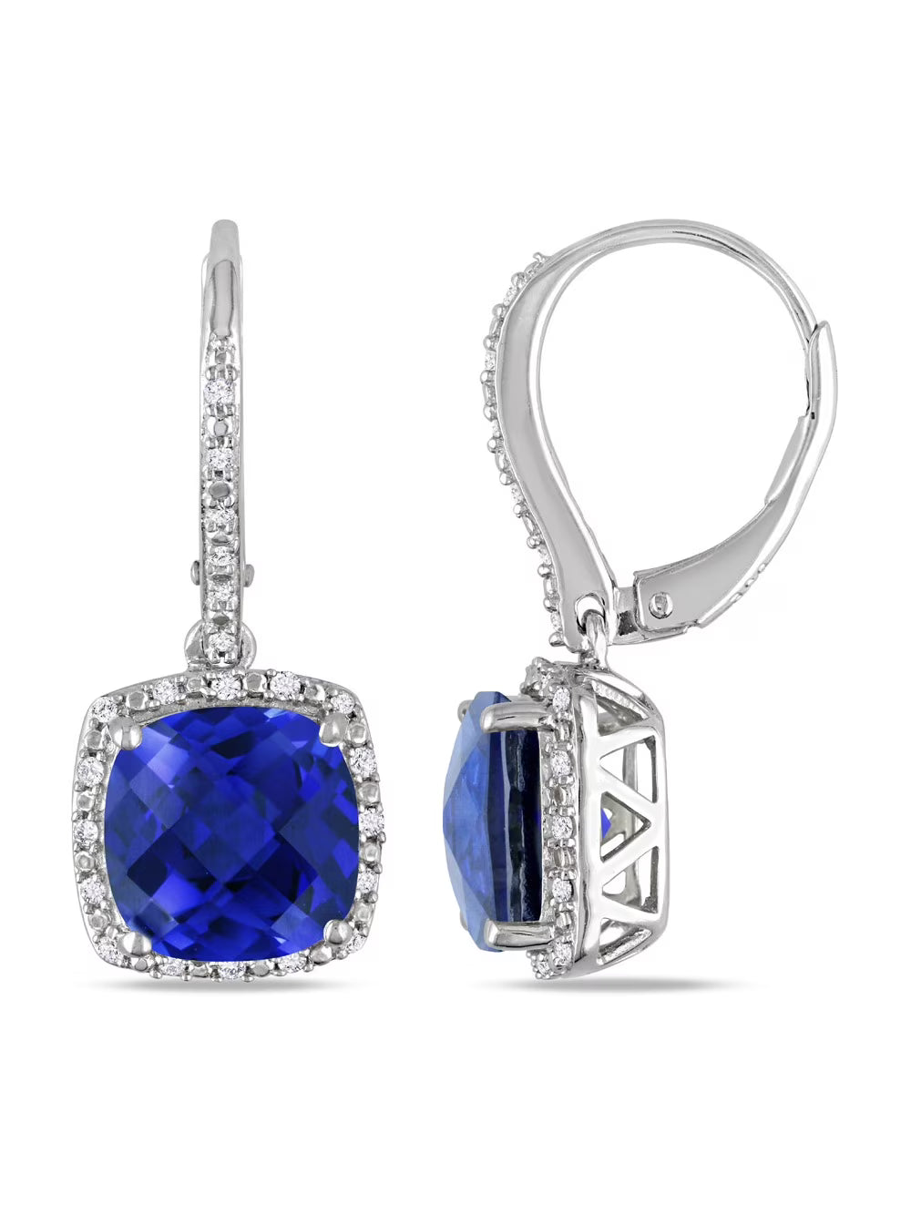 Lab-Created Blue Sapphire & Diamond Earrings 6.70 Carat in Sterling Silver M371203