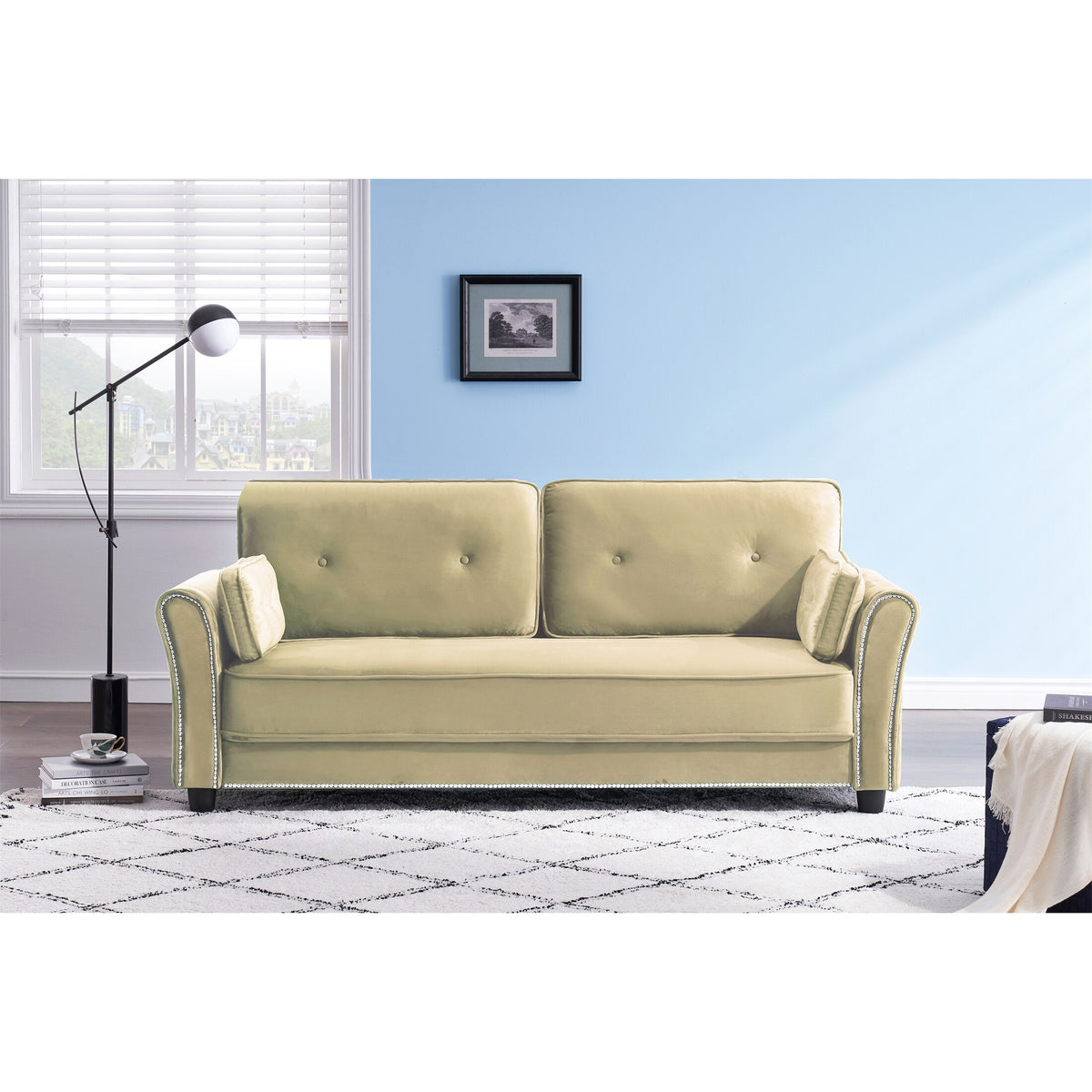 Grey Velvet Loveseat Sofa with Two Pillows F64832