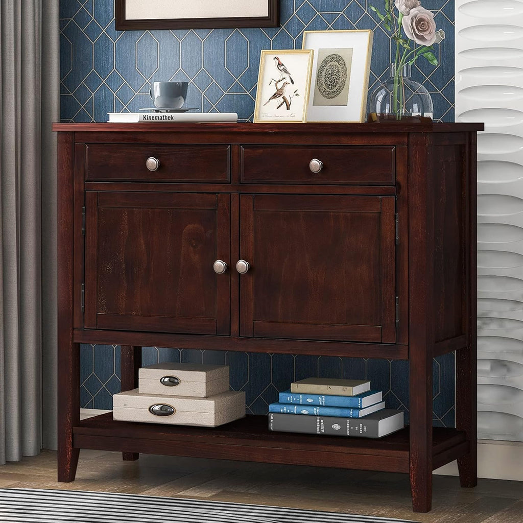 Espresso Wood Buffet Sideboard Table with Drawers & Open Shelf W64363