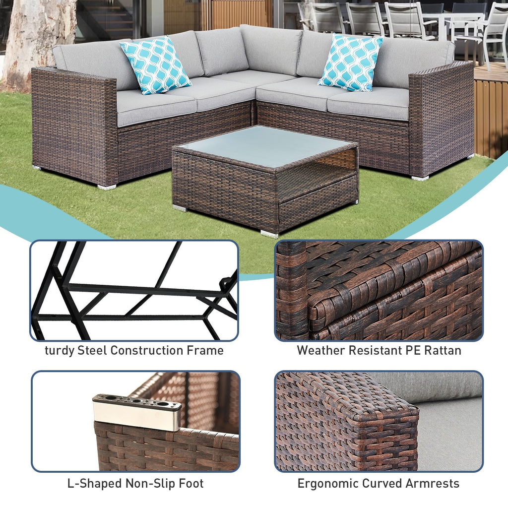 Grey Rattan Patio Sectional Sofa Set of 4 B530