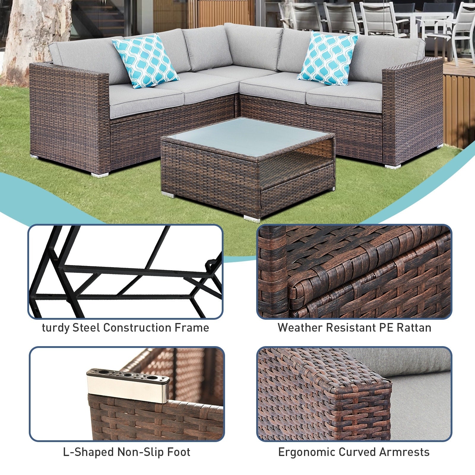 Grey Rattan Patio Sectional Sofa Set of 4 B530