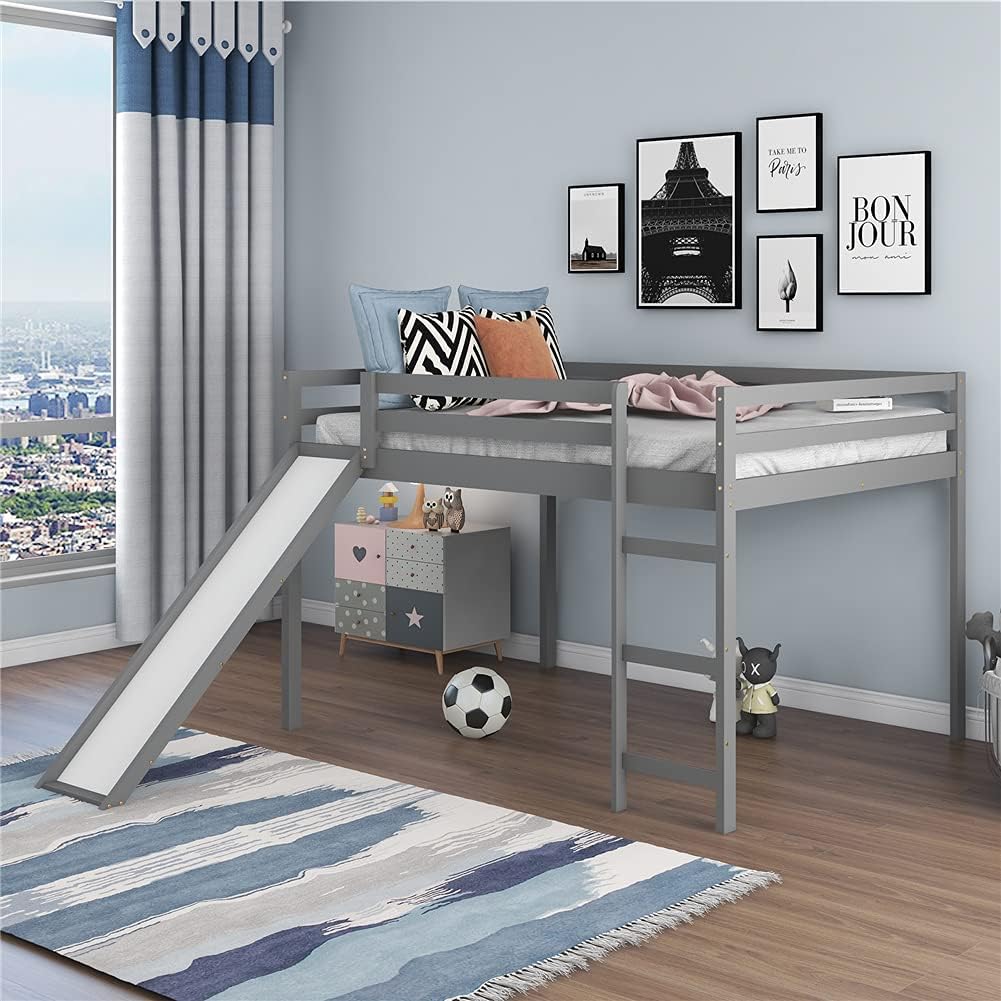 Full Size Low Loft Bed with Slide, Pinewood Bed Frame with Guardrails and Vertical Ladder O5746
