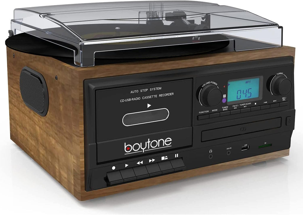 Bluetooth Record Player Turntable with AM/FM Radio, Cassette, CD Player, 2 Built in Speaker, SD Slot, USB, AUX F835739