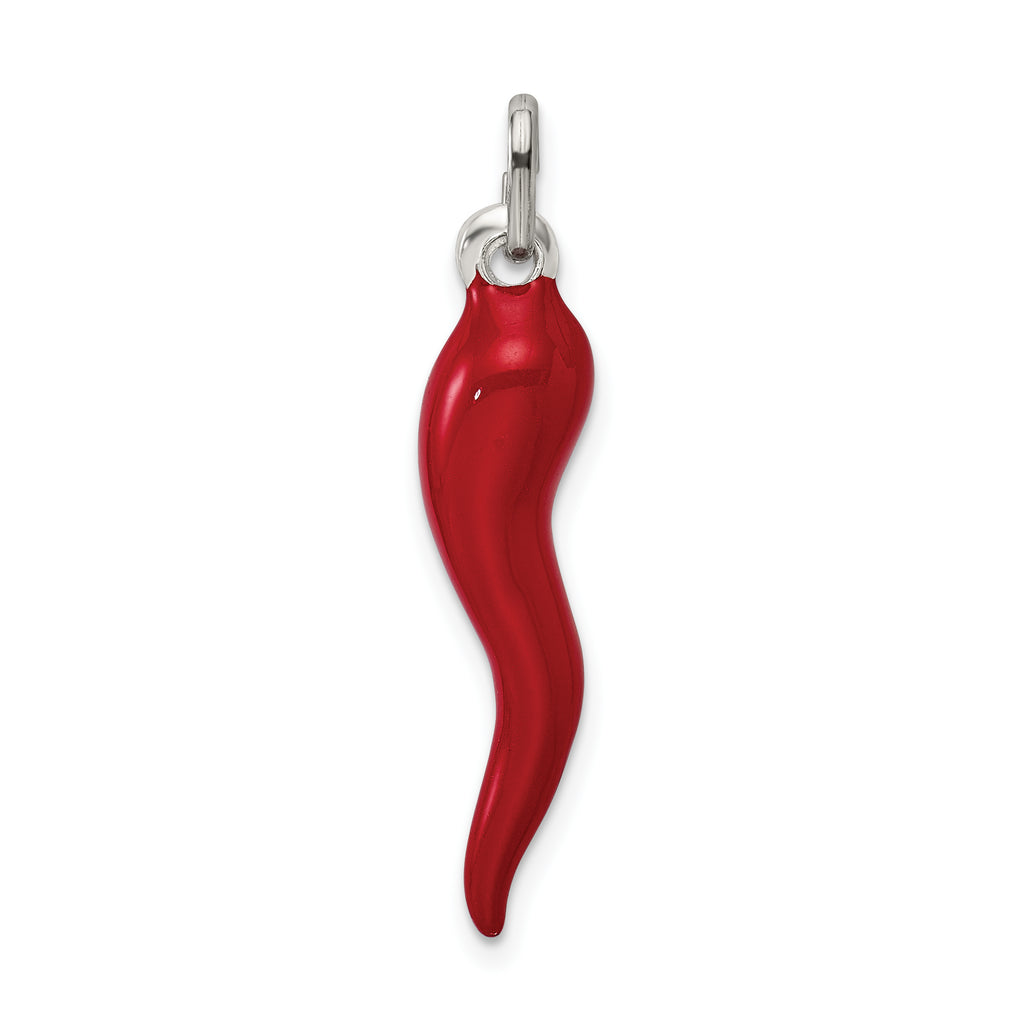 Sterling Silver Red Enamel Italian Horn Charm Pendant with Rope Chain Necklace 16'' X807