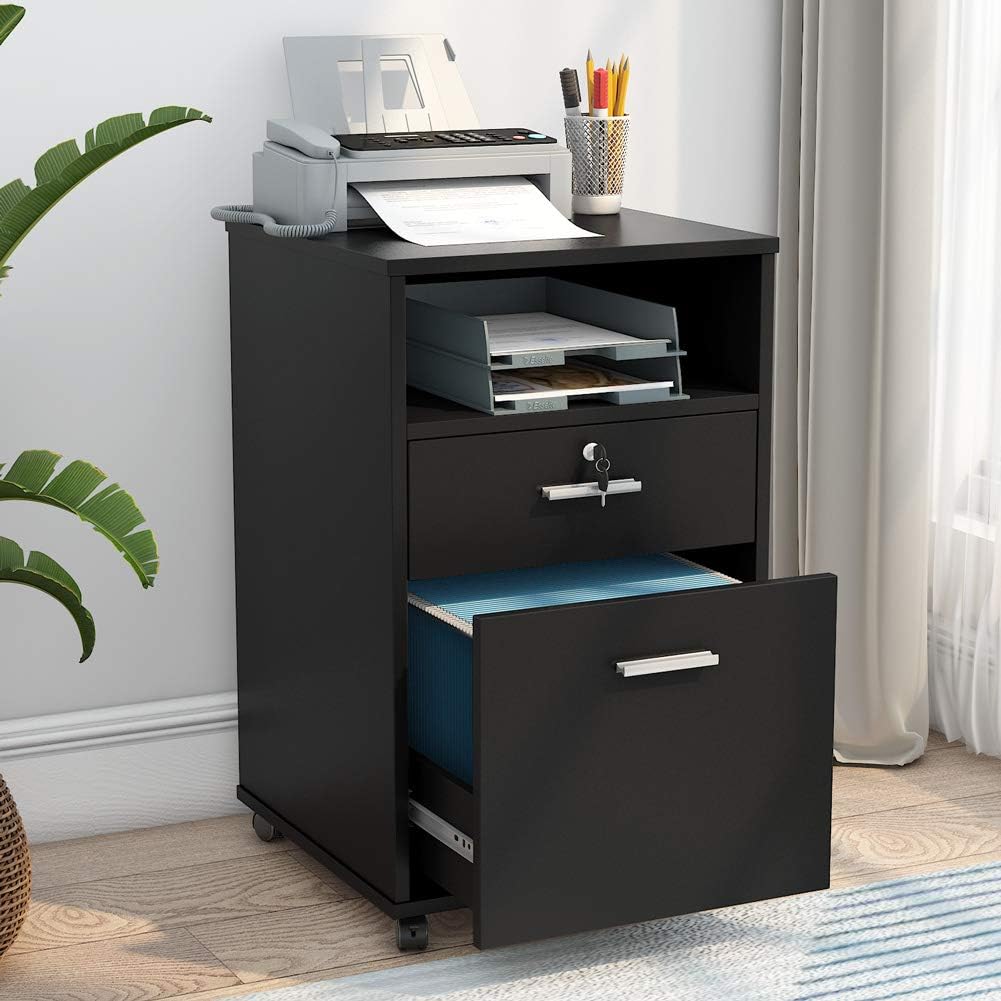 2 Drawer Mobile File Cabinet with Lock, Rolling Wheels and Open Storage Shelf D4619