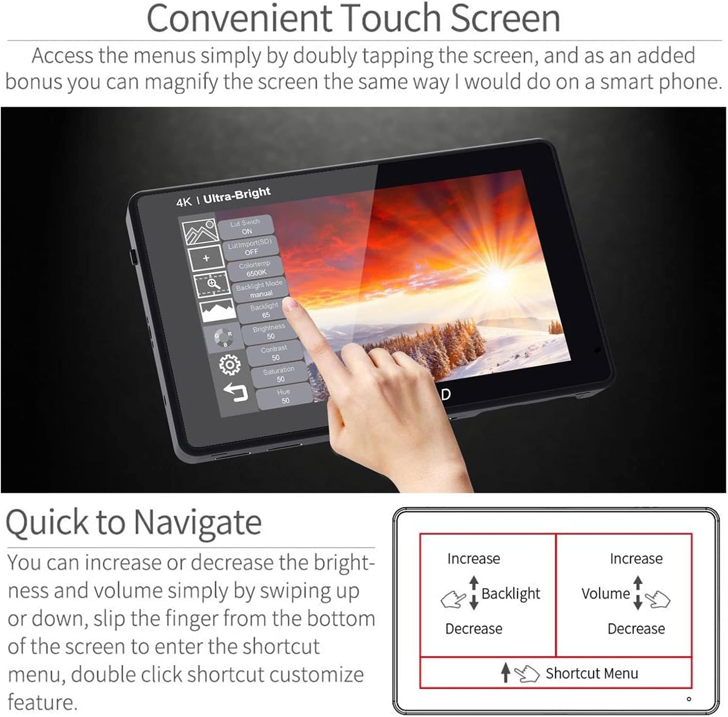 7 Inch 2200nits Touch Screen Camera Field Monitor with Waveform VectorScope 4K HDMI Input I774684