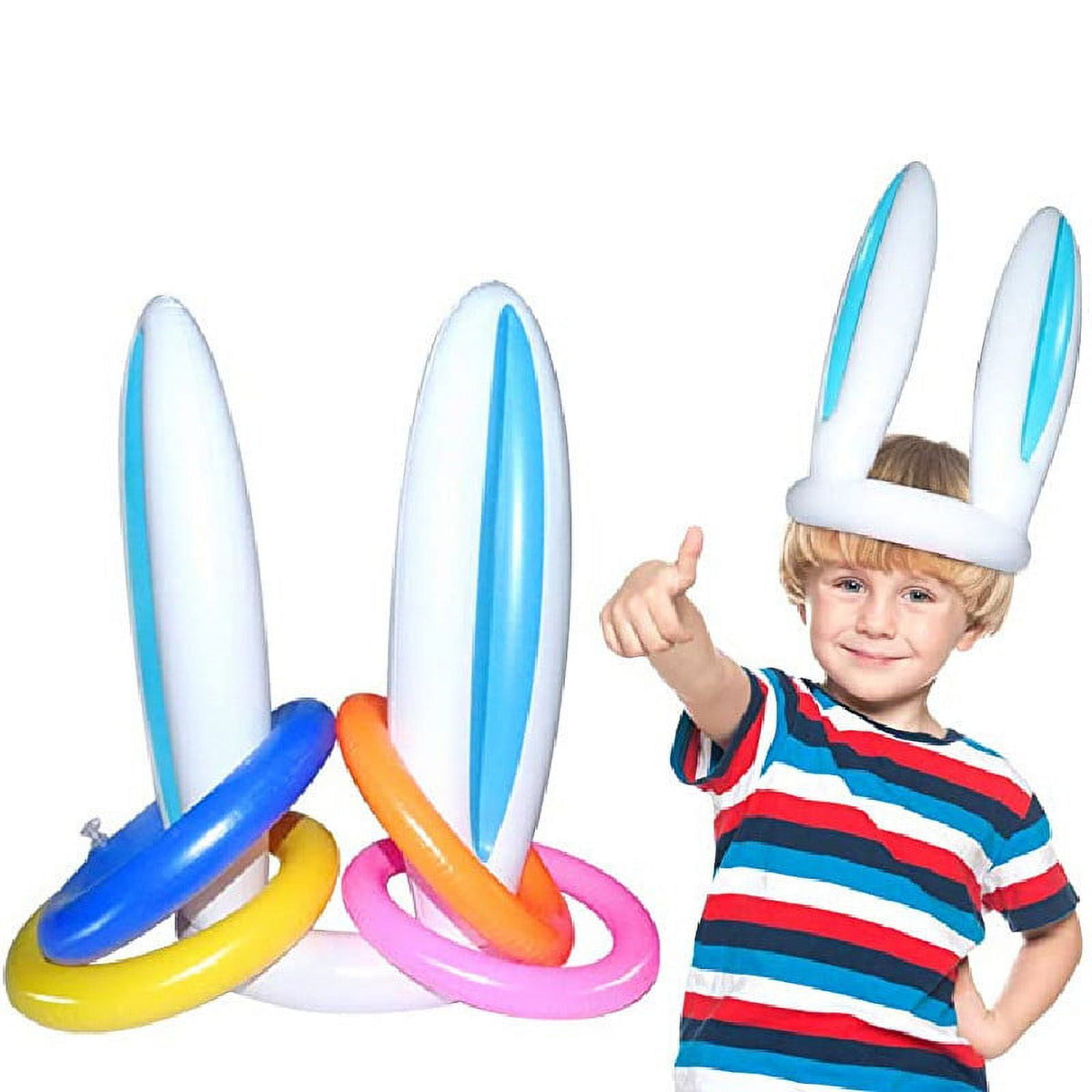 Inflatable Easter Bunny Hat with 4 Rings Wearable Toss Toy Y5138