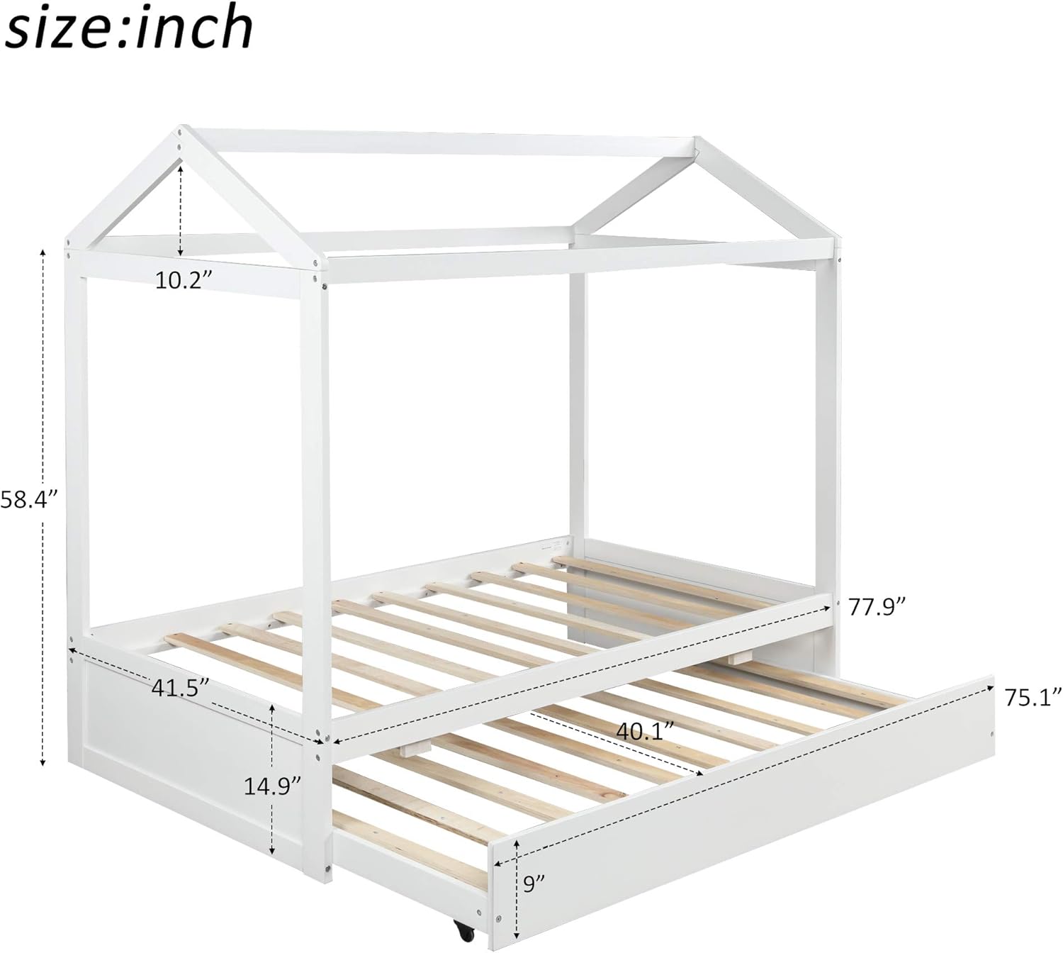 White Wood Twin Size House Bed Frame with Trundle E109