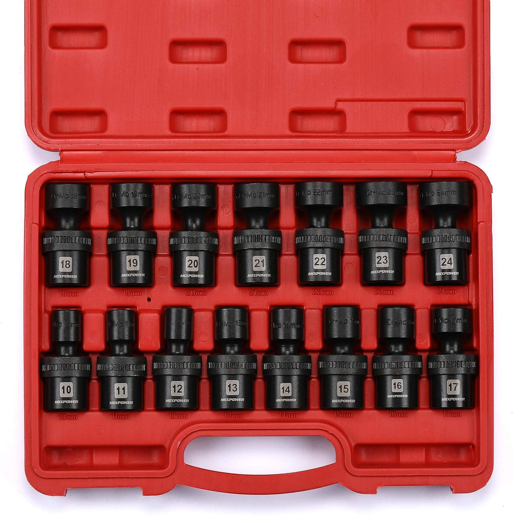 15-piece 1/2 Drive Shallow Universal Impact Socket Set, 6 Points, Metric, 10-24mm, Swivel Socket with Flexible Wobble, CR-MO, Heavy Duty Storage Case W755