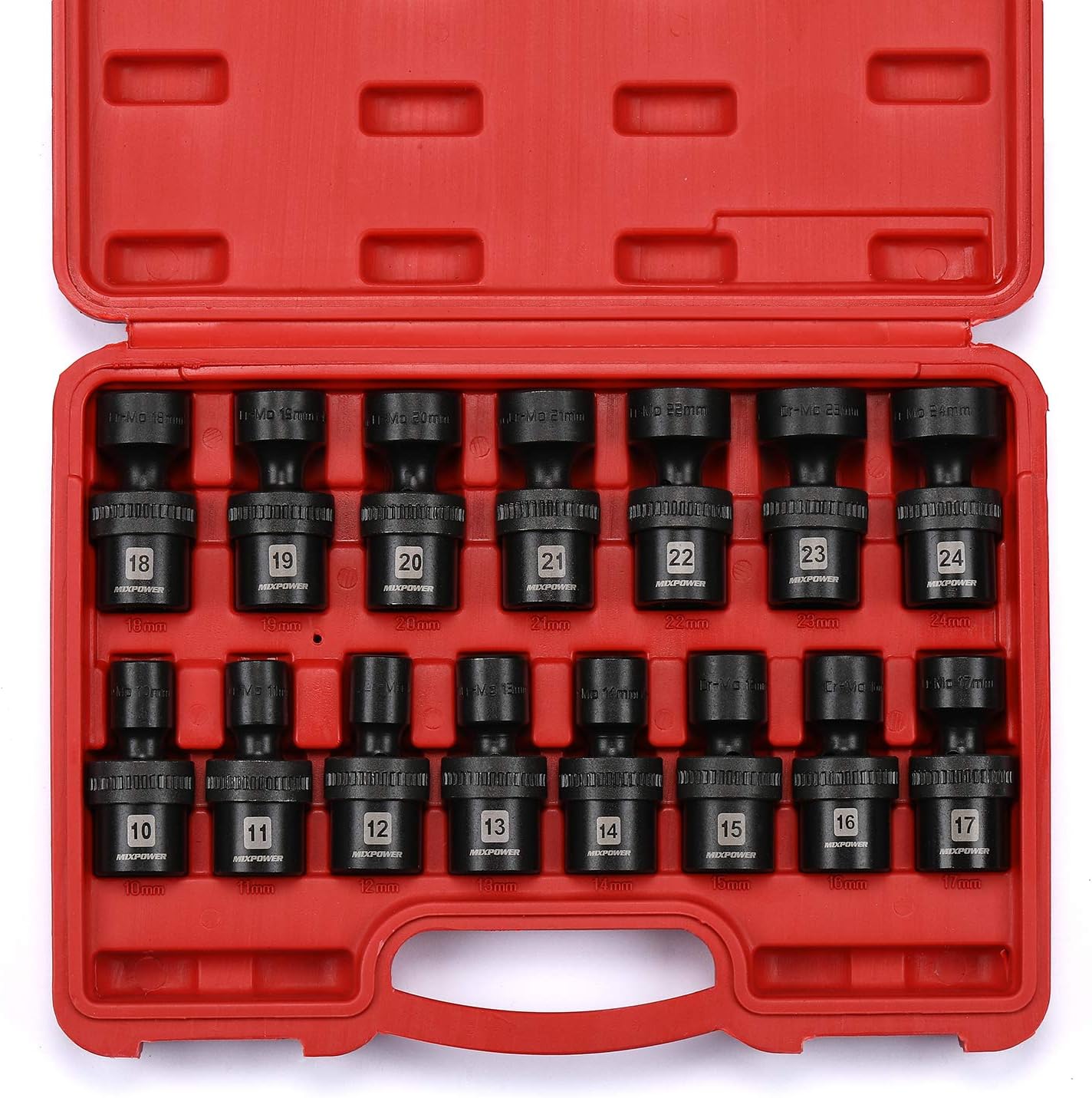 15-piece 1/2 Drive Shallow Universal Impact Socket Set, 6 Points, Metric, 10-24mm, Swivel Socket with Flexible Wobble, CR-MO, Heavy Duty Storage Case W755